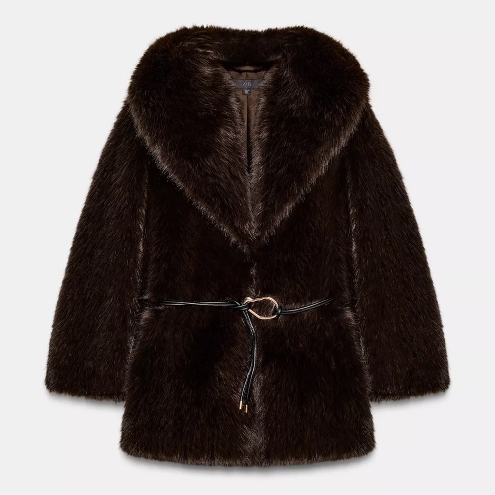 Zara Faux Fur Belted Coat - Brown